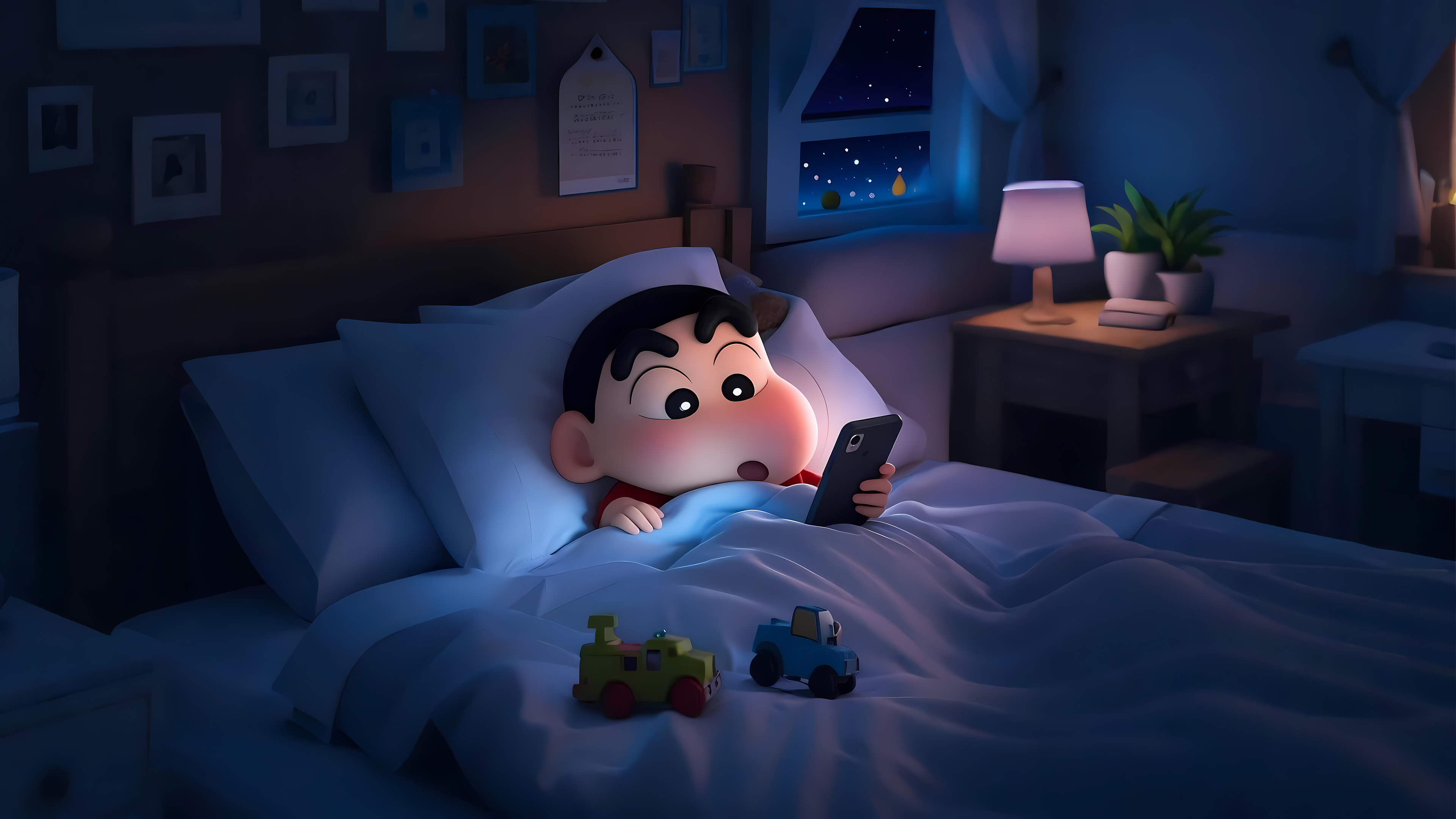 蜡笔小新卧室夜晚壁纸 | 4K高清可爱小新玩手机场景-安忆小屋