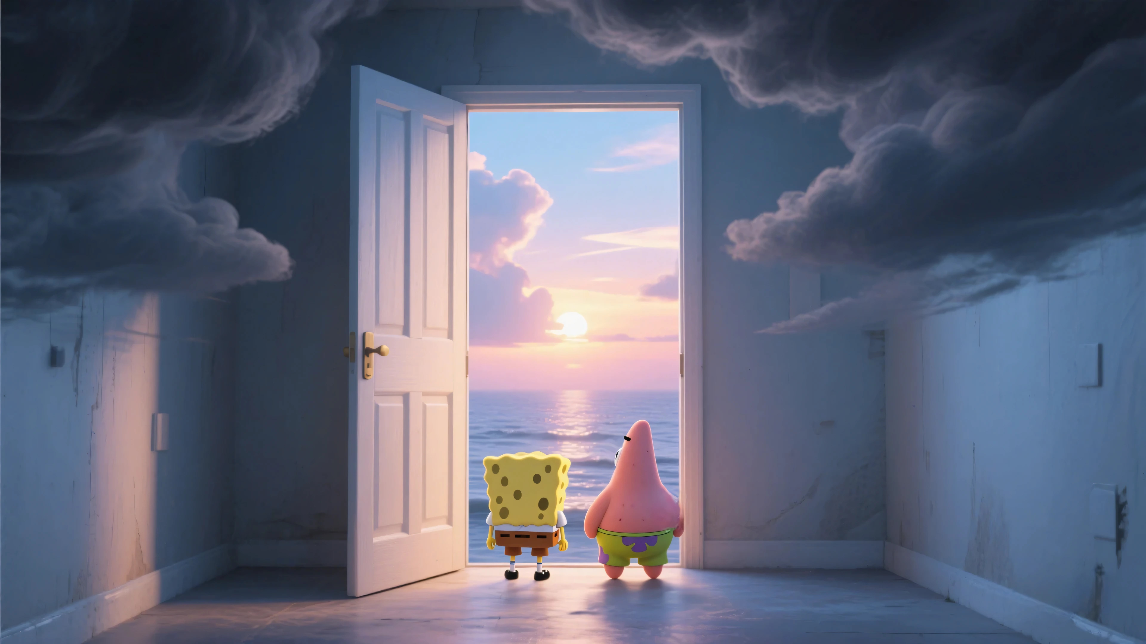 海绵宝宝与派大星背影壁纸 | 4K大海背景温馨场景-安忆小屋